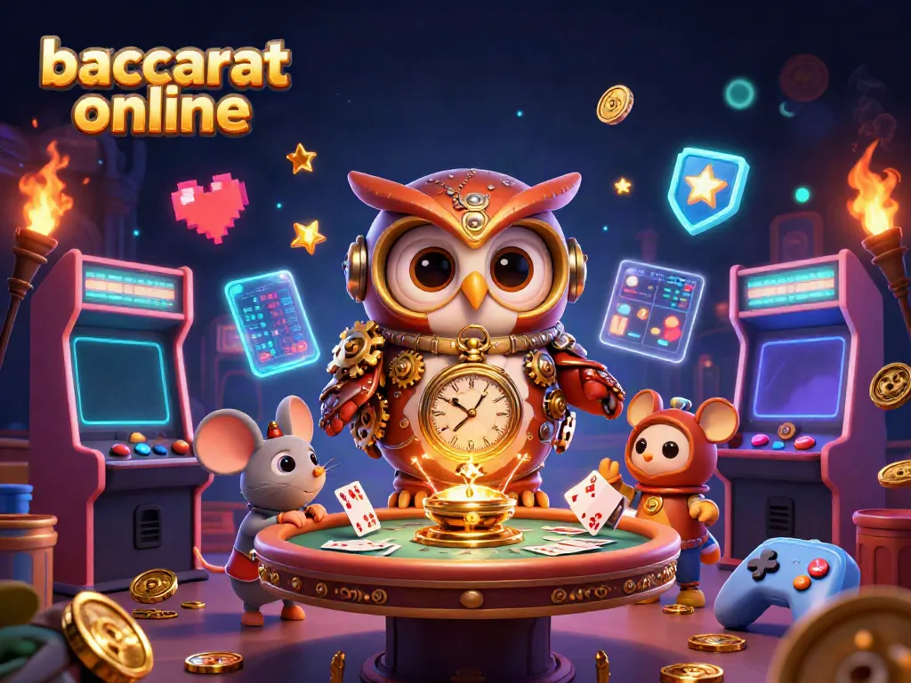 Engage in baccarat online with a rich 3D illustration of an owl and mouse amid a vibrant casino backdrop.