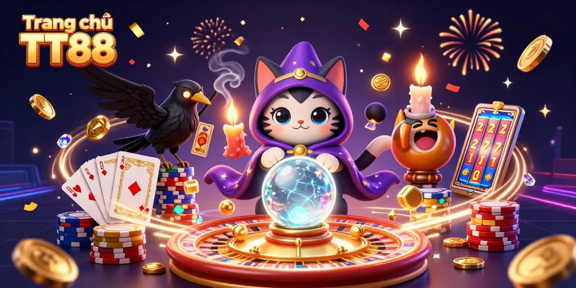 Engage with the vibrant energy of Trang chủ TT88 as colorful casino elements dynamically fill the scene.
