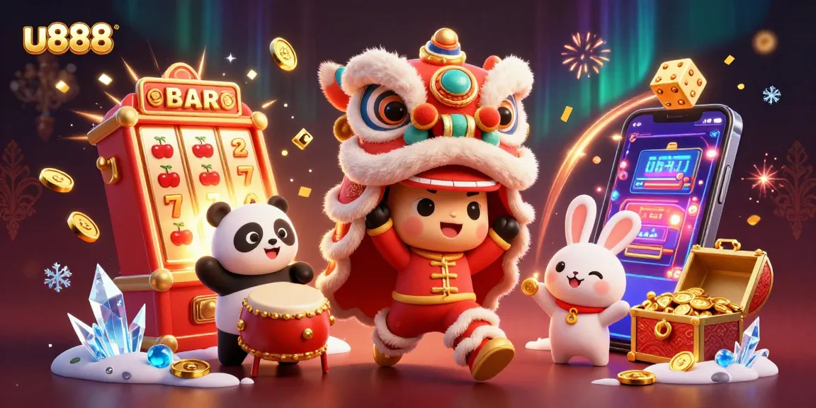 Spin the reels with u888 in a vibrant casino scene featuring lucky symbols and festive characters.