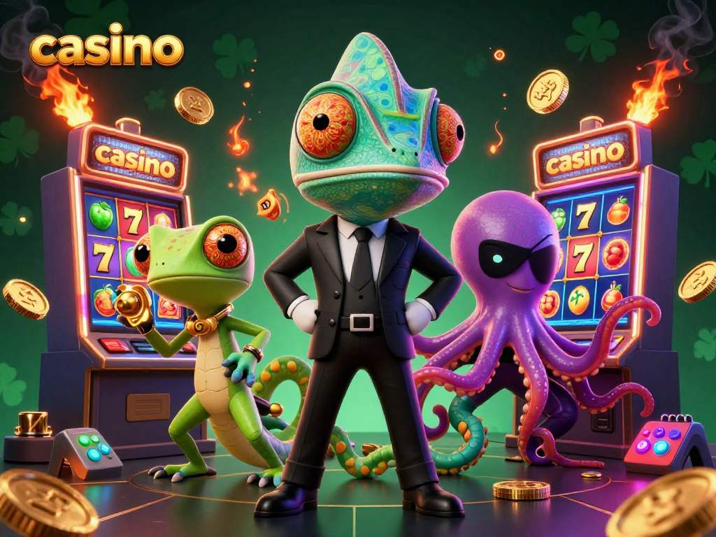 Engage in thrilling casino action with a chameleon agent and a tech-savvy gecko.