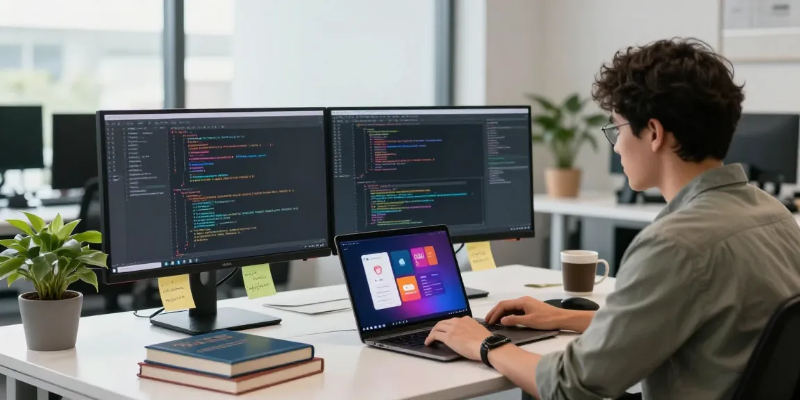 Developer coding in a modern office setting, showcasing 纸飞机中文版官网 integration and innovative app design.
