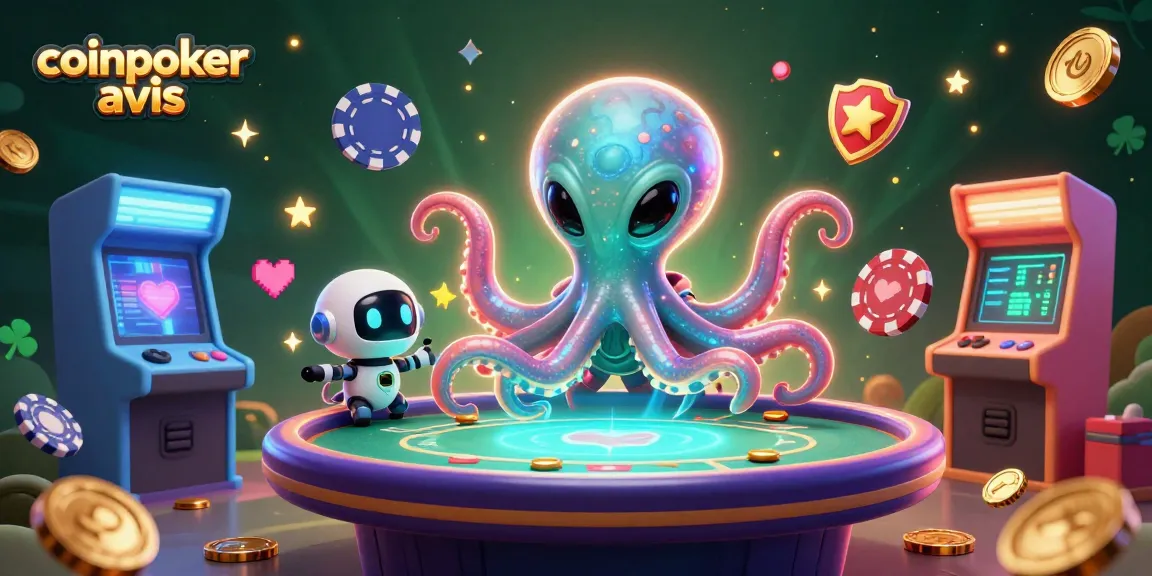 Découvrez l'avis sur CoinPoker à travers une illustration dynamique d'un octopus extraterrestre jouant au poker.