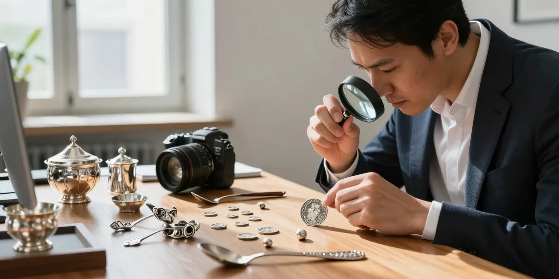 Achat argent Bruxelles : Évaluation experte de pièces en argent dans un bureau lumineux.