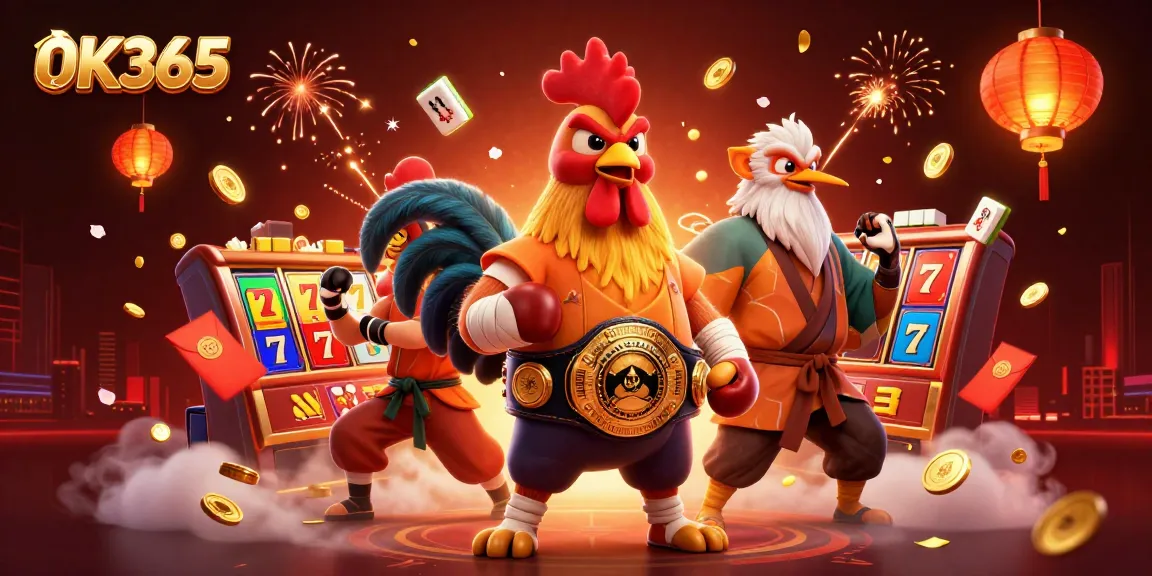 Engage in thrilling slot gaming experiences with OK365's vibrant casino illustration showcasing dynamic characters.