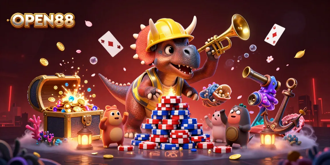 Experience gaming fun with OPEN88 as a triceratops builds a poker chip pyramid in celebration.