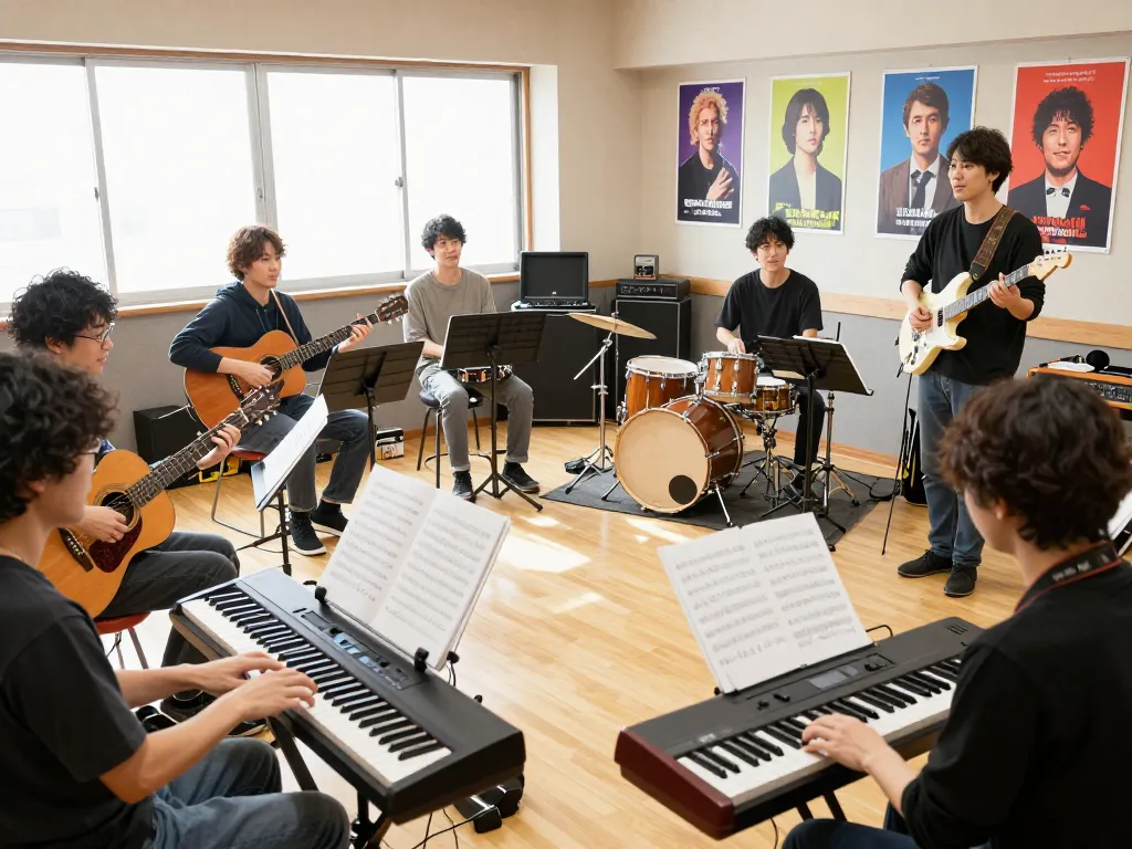 多様な楽器を使って音楽教室　おすすめを探求し、活気あふれる環境で喜びの協力をする大人たちの姿。