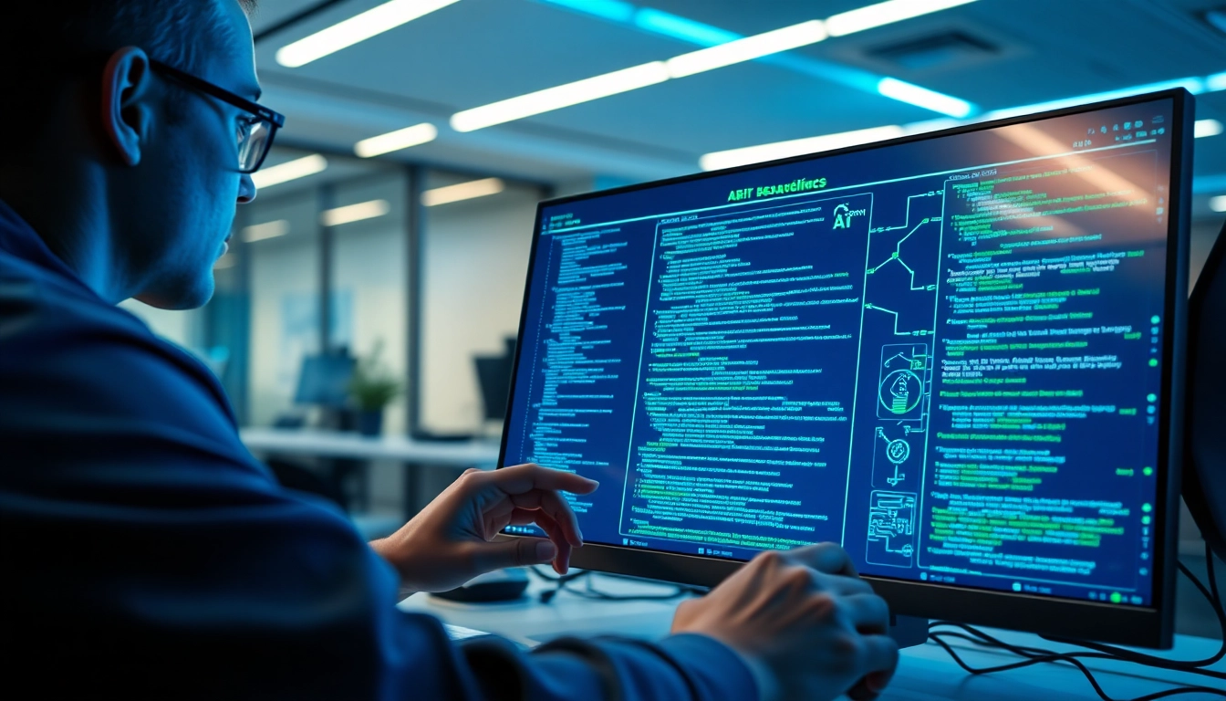EORMC AI blockchain development showcasing a developer at work with futuristic tech.