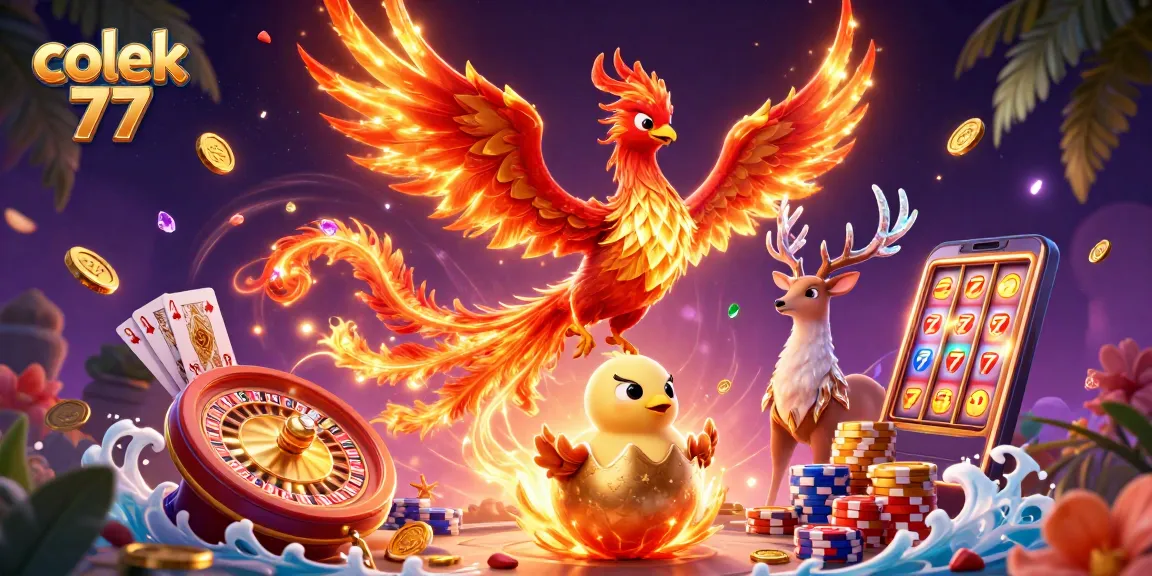 Experience thrilling wins with colek 77, featuring dynamic games, golden coins, and vibrant characters!