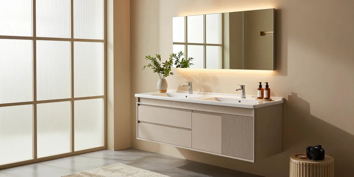 Modern bathroom vanity with double sinks and elegant décor elements