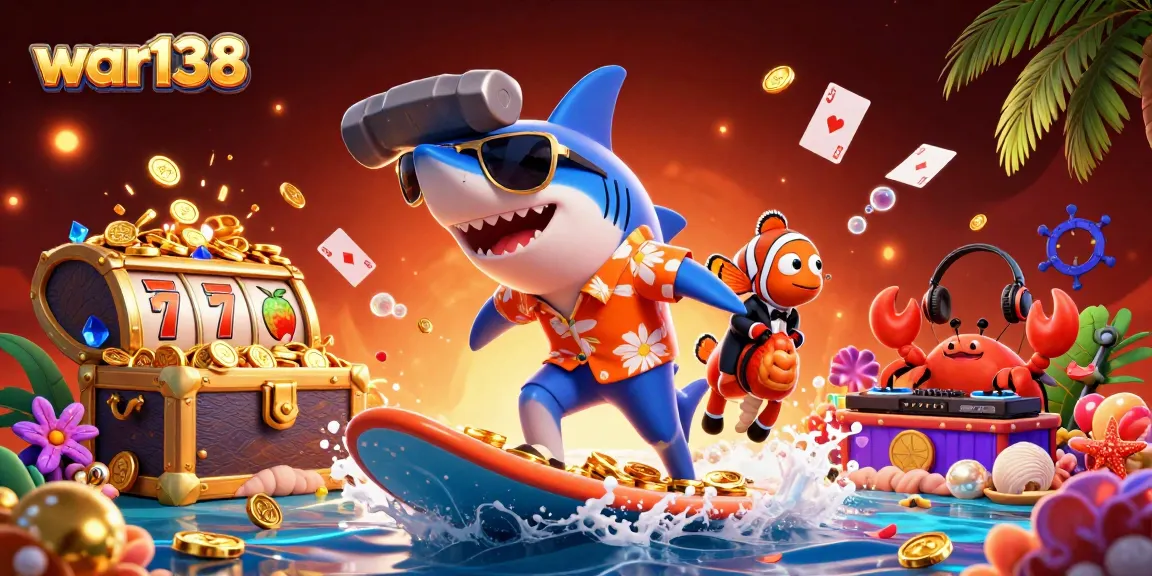 Experience exciting gambling action with war138 featuring a shark surfing on coins alongside a tuxedo clownfish and DJ crab.