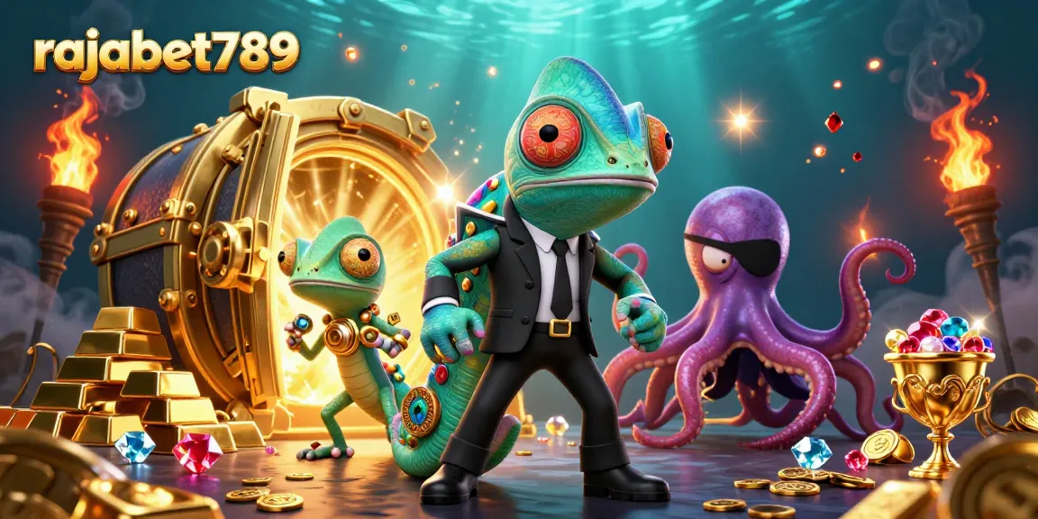 Rajabet789 memperlihatkan karakter chameleon dan gecko di kasino yang penuh harta berkilau.