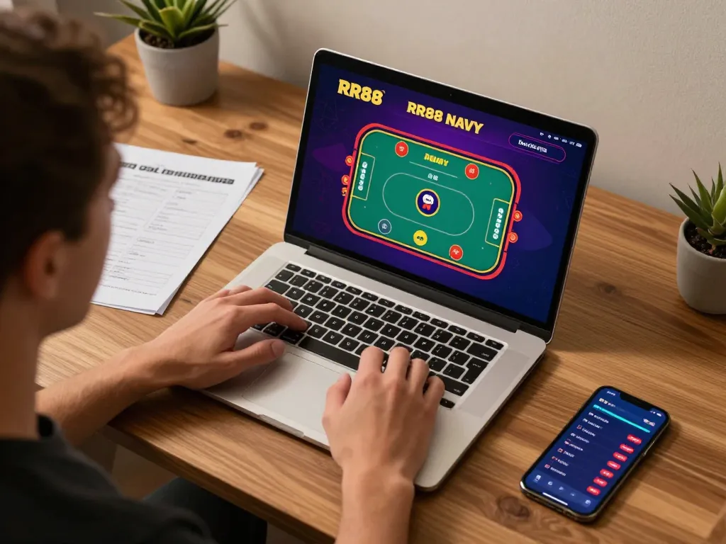 Engaging with the RR88 NAVY casino app for strategic online betting from a cozy gaming setup.