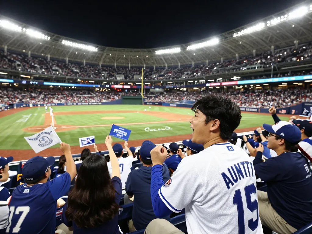 活気あふれる野球の試合の雰囲気の中で応援ジャージを着た興奮したファンが歓声を上げている。