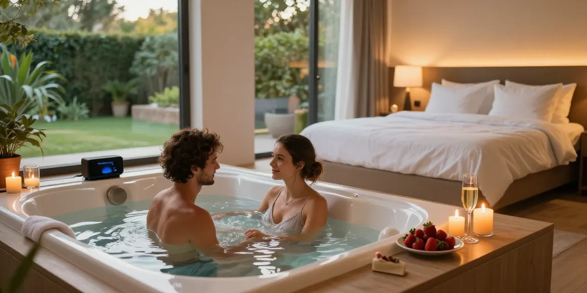 Romantic love room Toulouse with jacuzzi, cozy couple enjoying intimate moments.