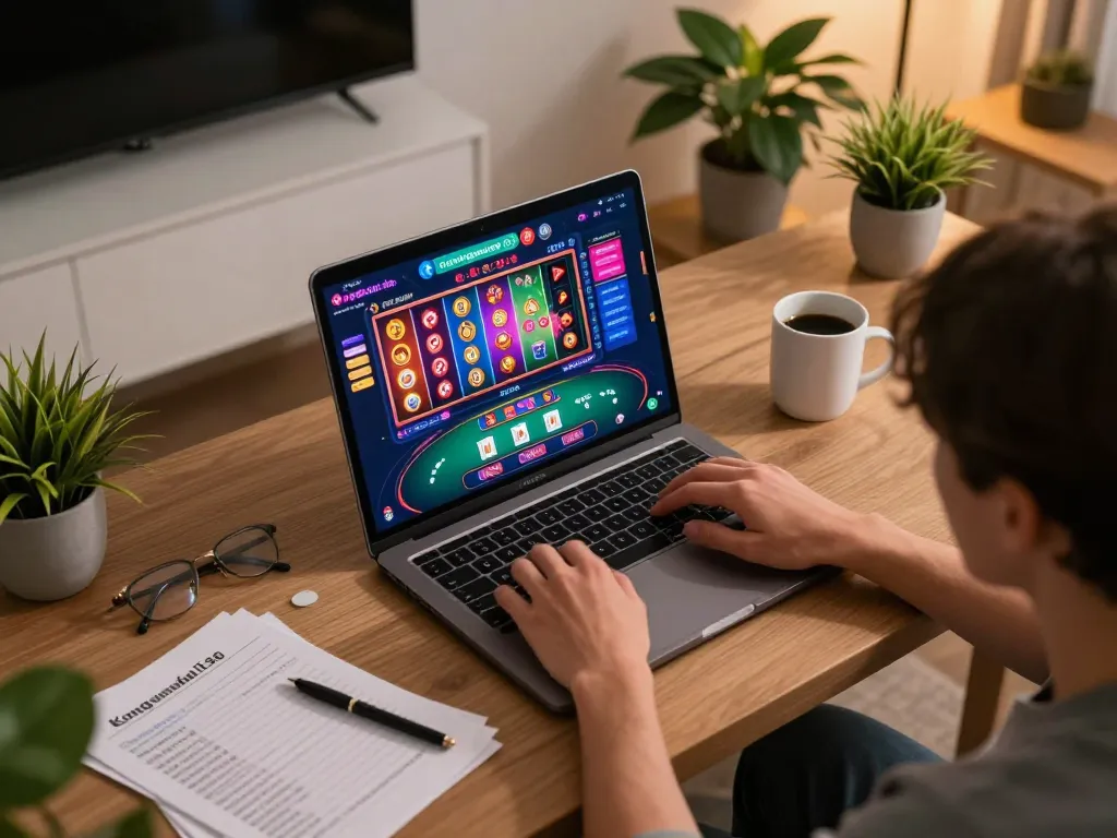 Engage with kinggaruda138's online casino games at home, showcasing a stylish gambling setup