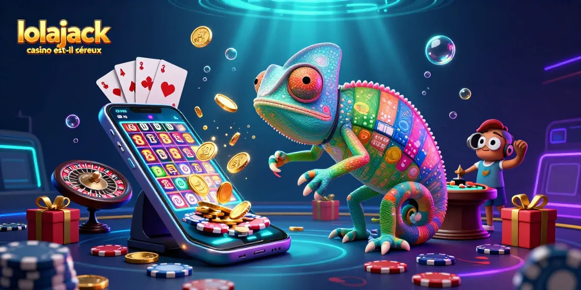 Experience the excitement of lolajack casino est-il sérieux with vibrant game elements and an engaging chameleon character.