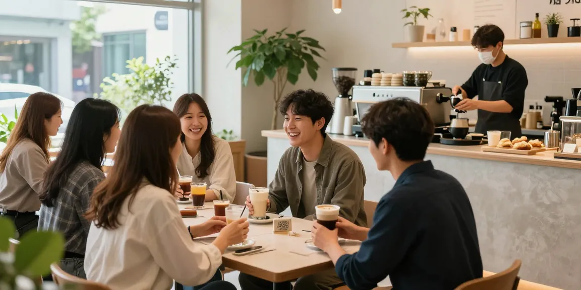 강남 멀리건에서 친구들과 즐거운 시간을 보내는 모습, 아늑한 분위기에서 편안하게 대화하는 장면
