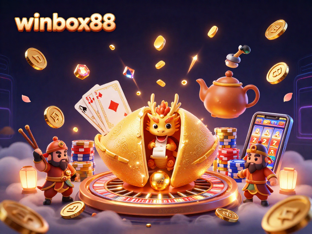 Winbox88 offers vibrant gaming fun, featuring a wise dragon, golden fortune cookie, and casino elements.