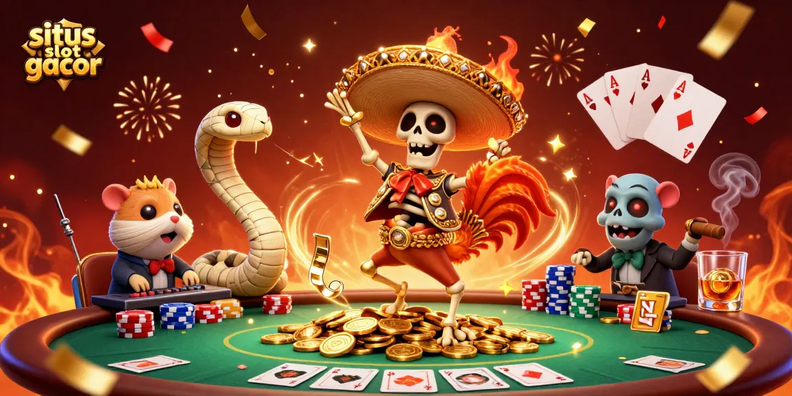 Experience the excitement of situs slot gacor with festive characters celebrating over poker games and coins.
