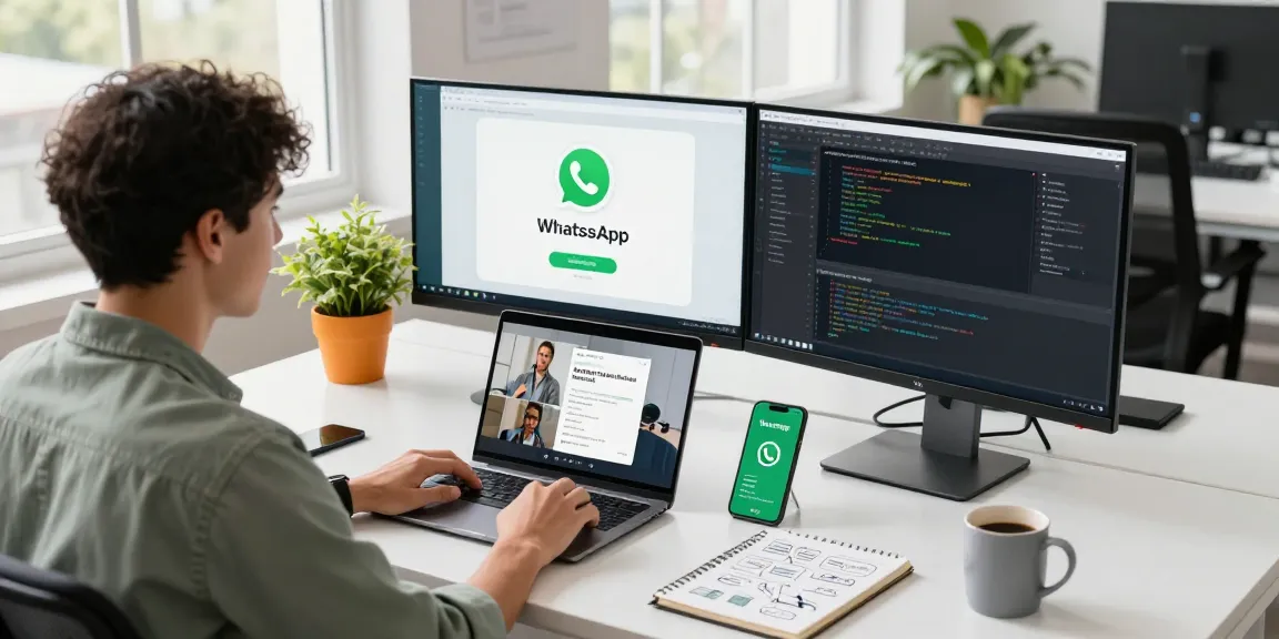 Engaging workspace showing WhatsApp下載 on computer with professional in casual attire.