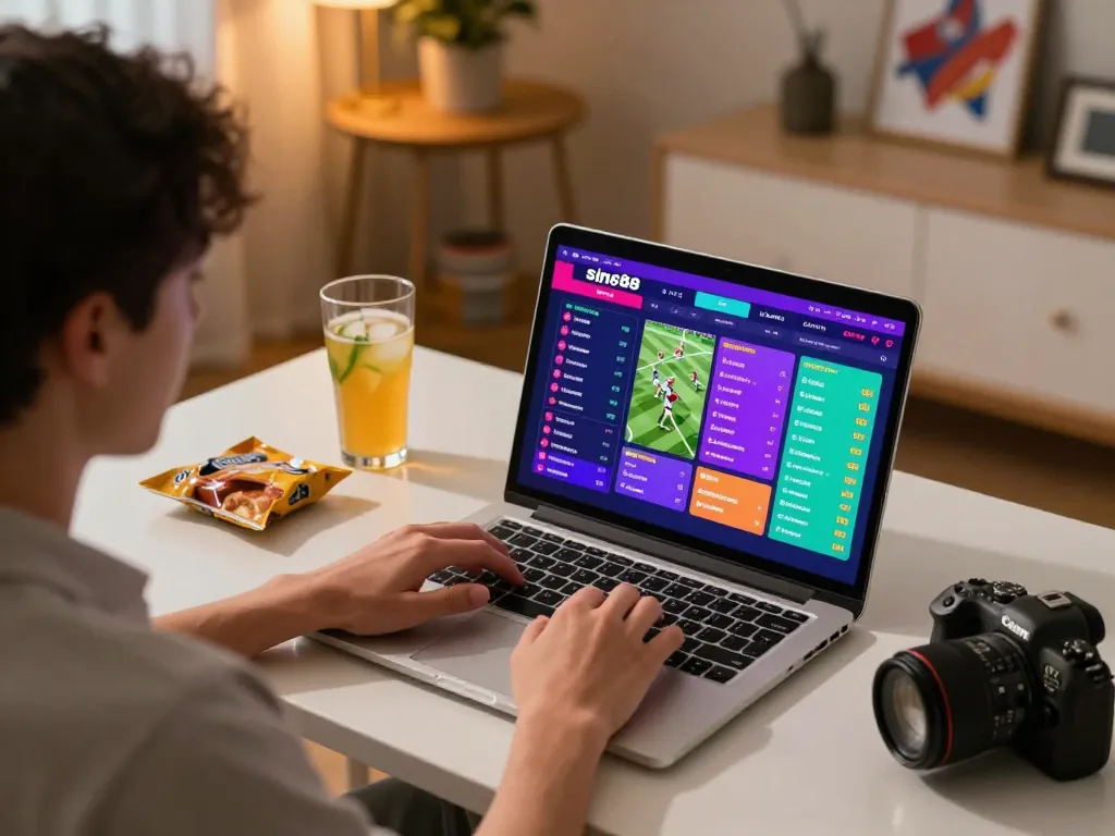 Person placing bets on sin88 sports betting platform at home with snacks and drinks