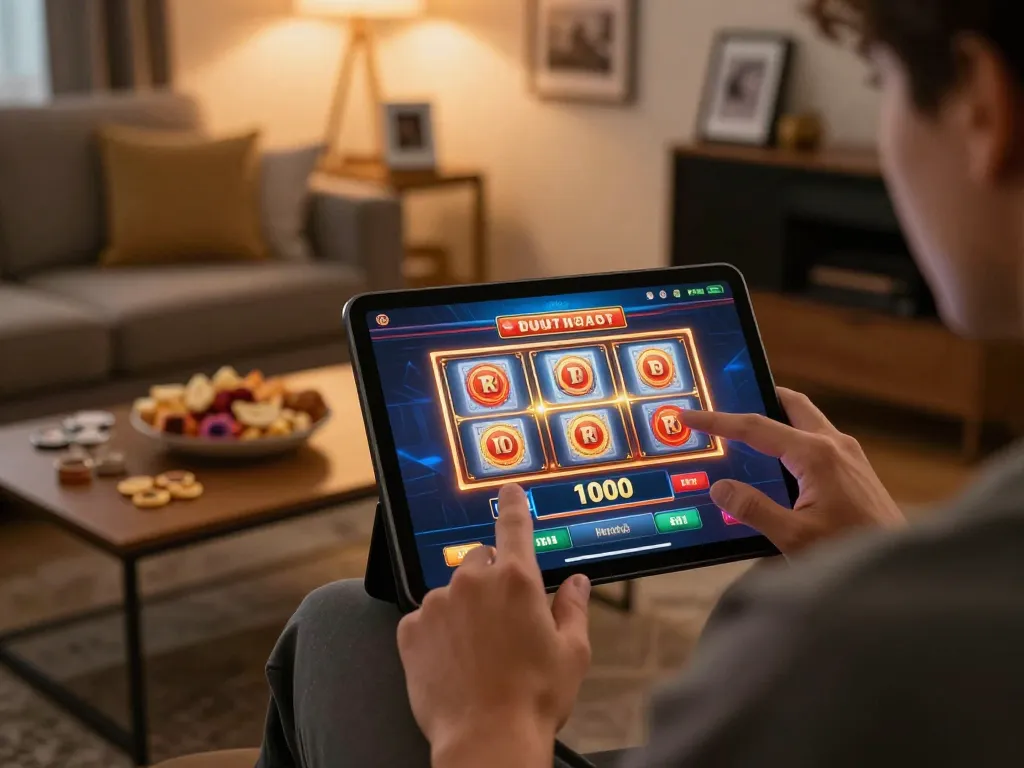 Engaging gameplay of slot deposit 1000 in a cozy online setting with a tablet interface.