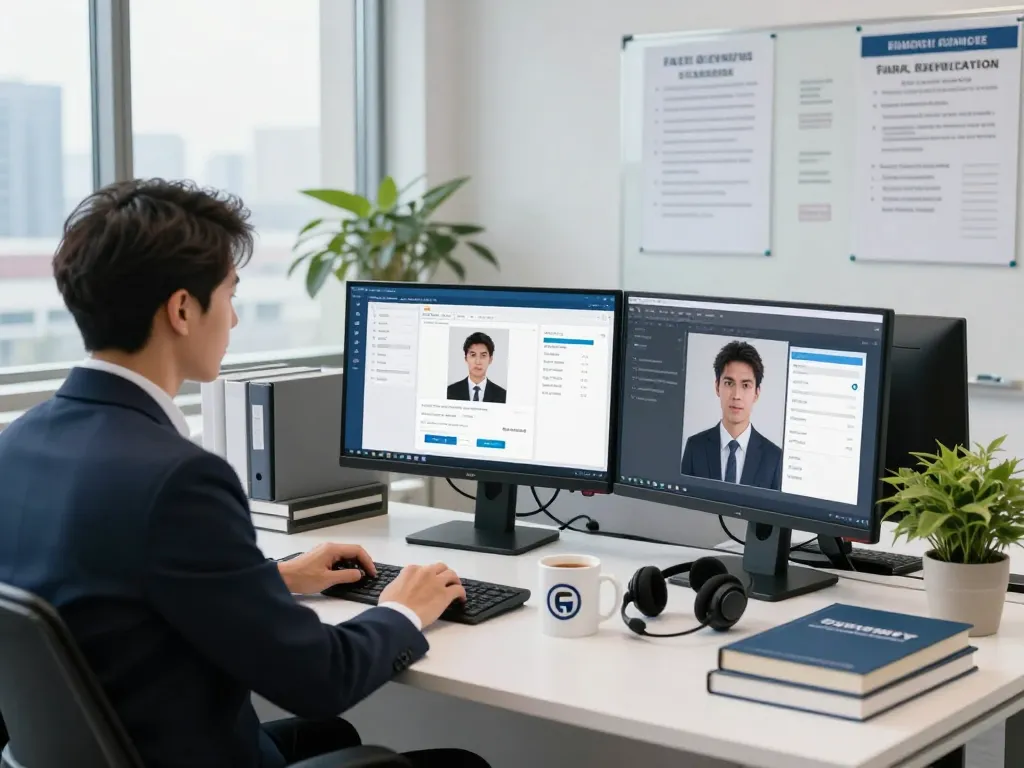 AI Voice Fraud In Banking workplace with cybersecurity tools and analysis.