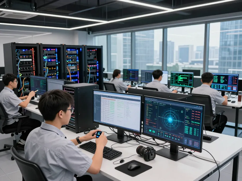 AI crypto mining operations in a dynamic data center with technicians monitoring GPU clusters and real-time analytics.