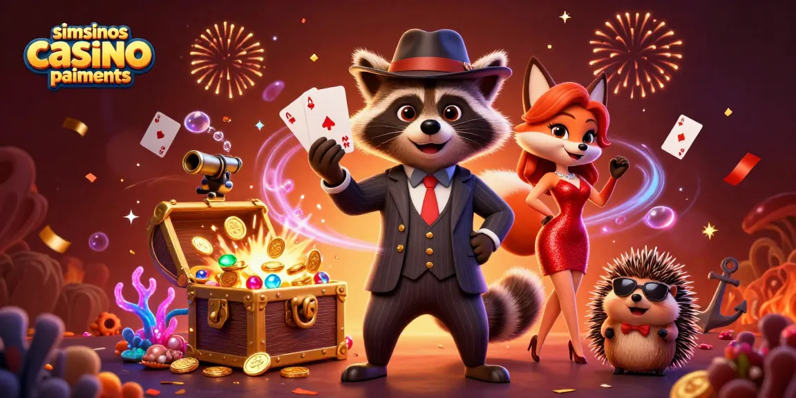 Découvrez les paiements dans le casino Simsinos avec des personnages animés autour de jeux et de gains.