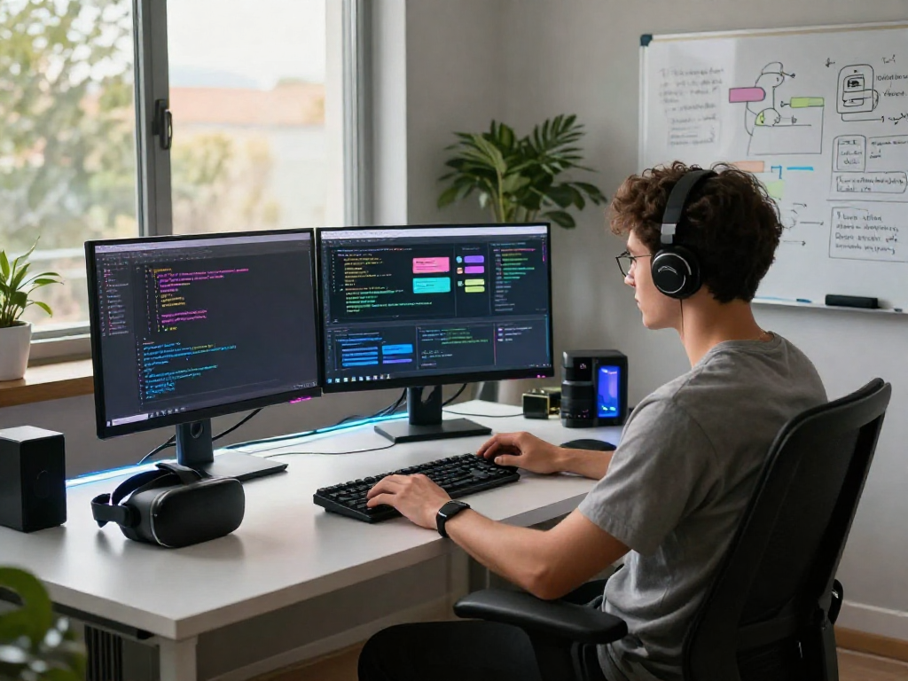 Developer coding an nsfw chat bot in a modern workspace filled with tech gadgets and vibrant code on screens.