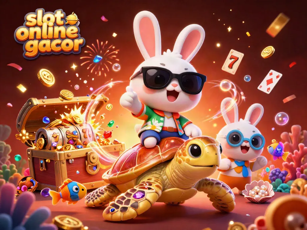 Experience the luck of slot online gacor with a cheerful rabbit and turtle in a vibrant casino scene.