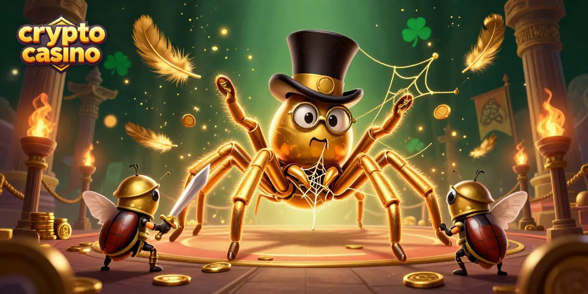Gioca in un crypto casino con una scena vivace di un ragno dorato e un cavaliere scarabeo che interagiscono.
