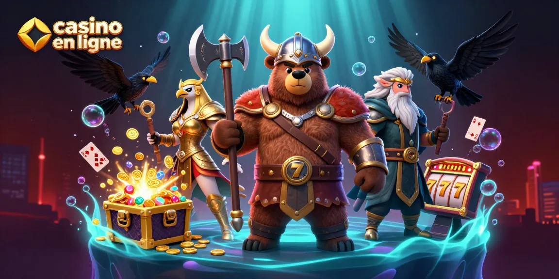 Plongez dans l'univers dynamique du casino en ligne avec un ours viking et une aigle valkyrie, entourés de trésors
