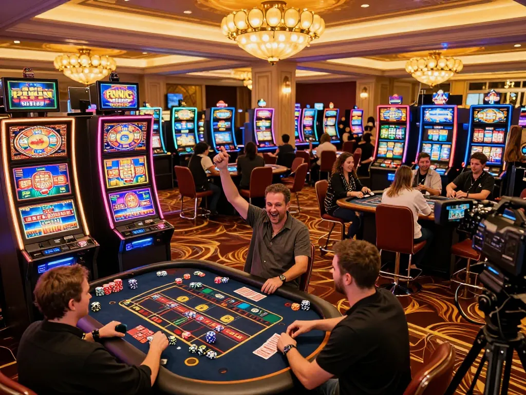 Players celebrating wins on the casino floor while experiencing tx88 gameplay, vibrant atmosphere.