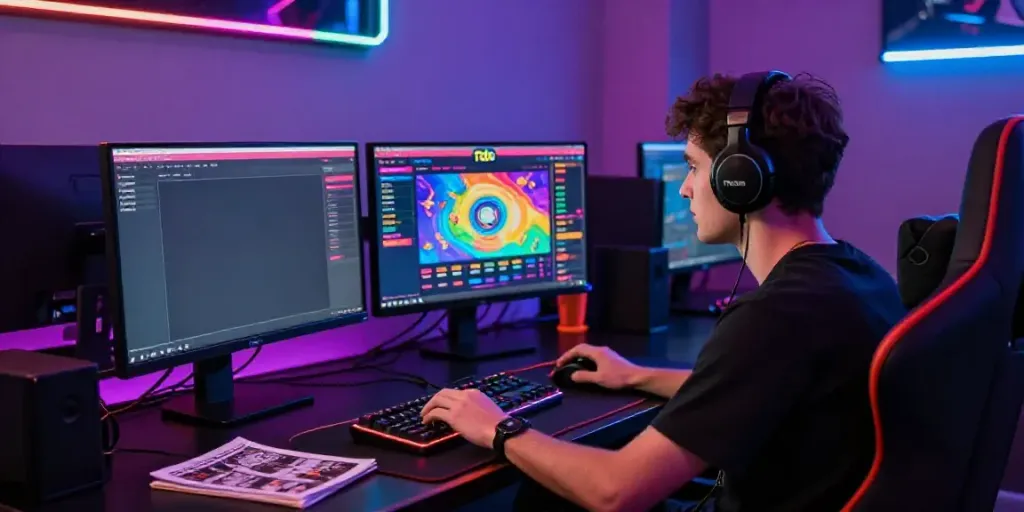 Dynamic gaming environment featuring a user engaged with Toto online betting interface, illuminated by RGB lights.