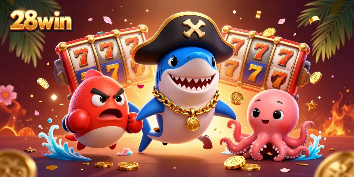 Engage with 28win's lively casino atmosphere featuring acrobatic characters and vibrant slot games.