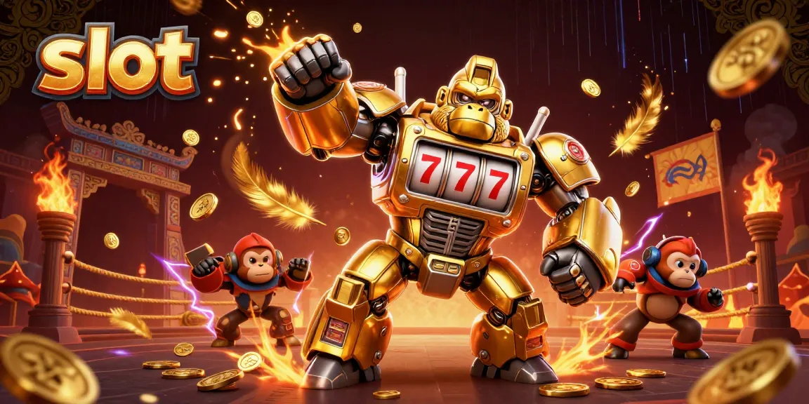 Slot yang menarik dengan karakter gorila emas dan mesin slot dalam ilustrasi 3D yang menakjubkan.