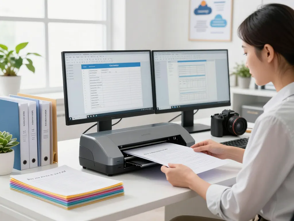 Bóc ép plastic sổ đỏ process in a modern office, showcasing an assistant laminating important documents with vibrant plastic sheets.