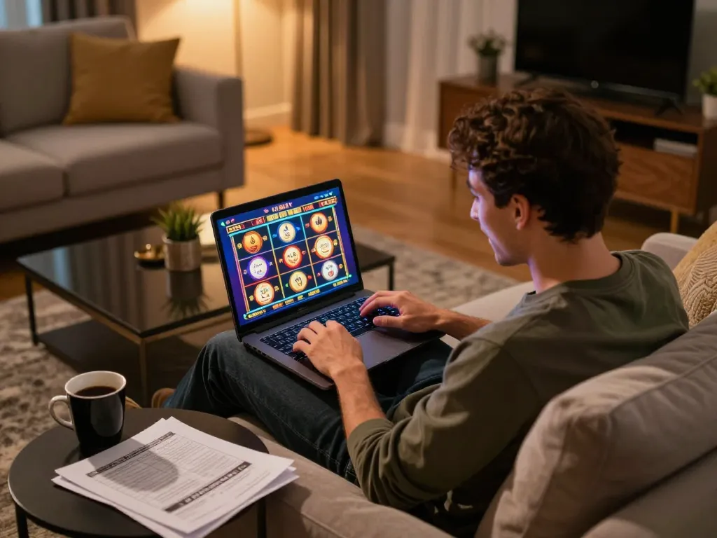 Experience thrilling online gaming at iWin with a player engaging in colorful slots on their laptop.