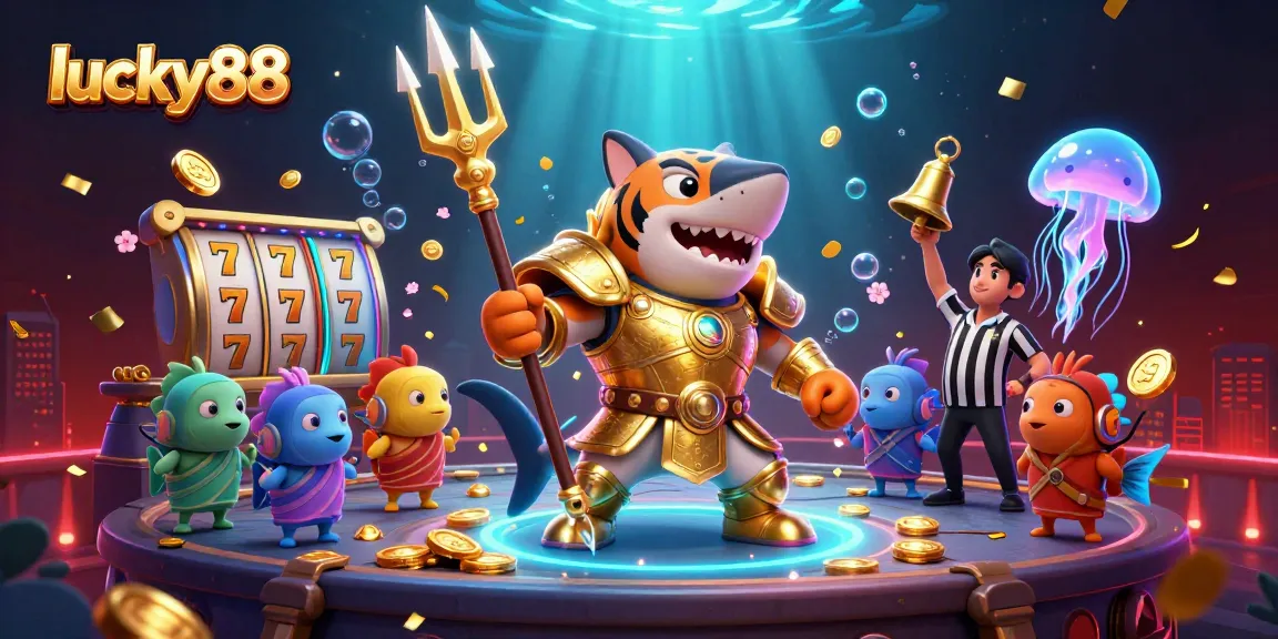 Experience thrilling action at lucky88's underwater colosseum with a tiger shark and vibrant gaming elements.