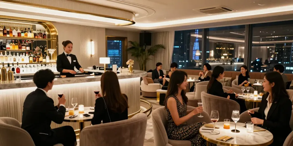 강남타이밍의 고급스럽고 세련된 유흥 공간에서 손님들이 즐거운 시간을 보내고 있는 모습