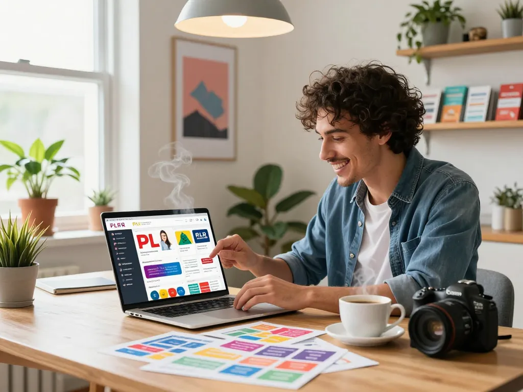 Buy PLR Digital Products in a cozy home office showcasing vibrant digital marketplaces.