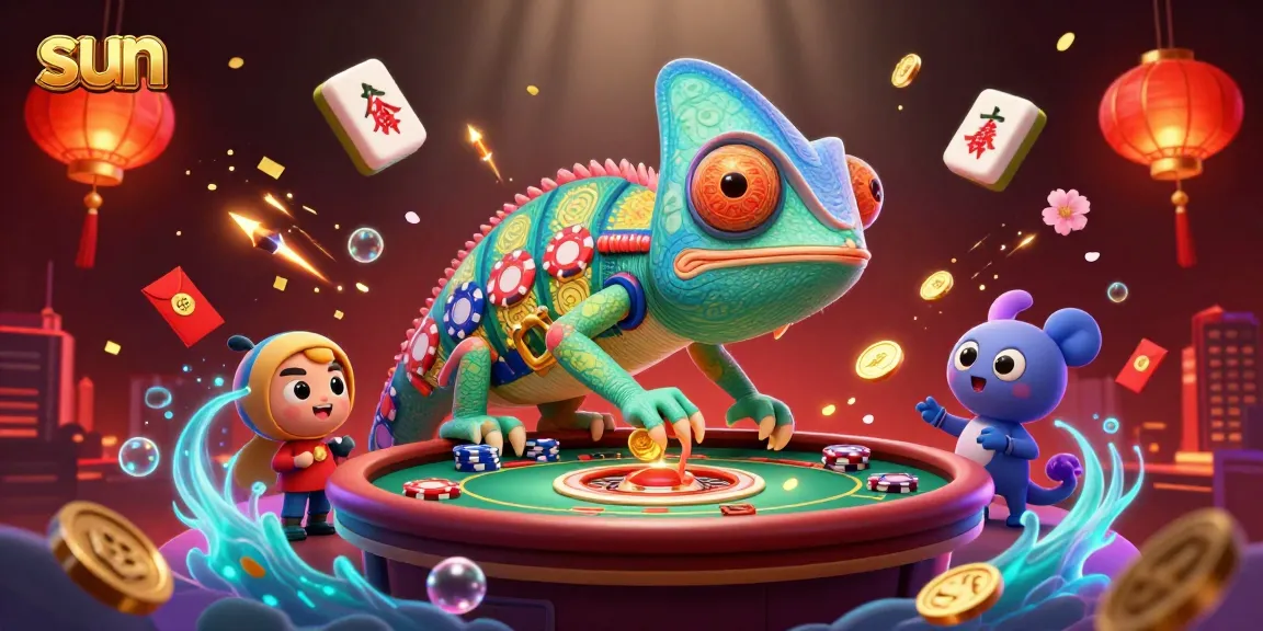 Catch golden coins in the casino with the sun-themed chameleon character amidst vibrant game elements.