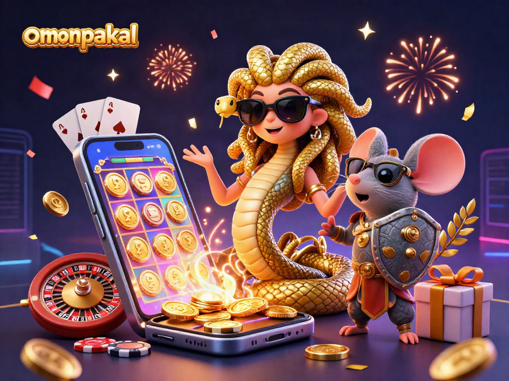 Engage with omonpakal's vibrant slot game featuring Medusa and a warrior mouse amidst golden coins.