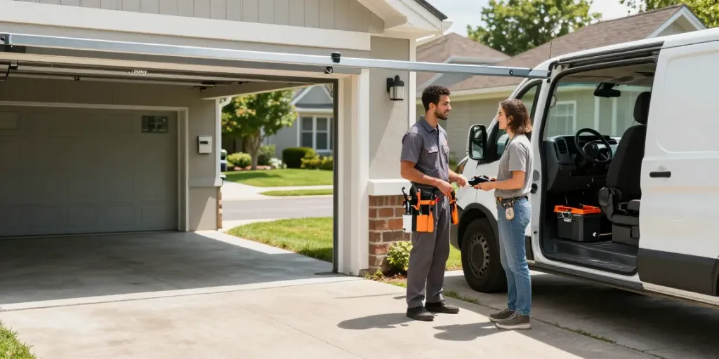 steel-line garage door repair technician inspecting garage door in residential area