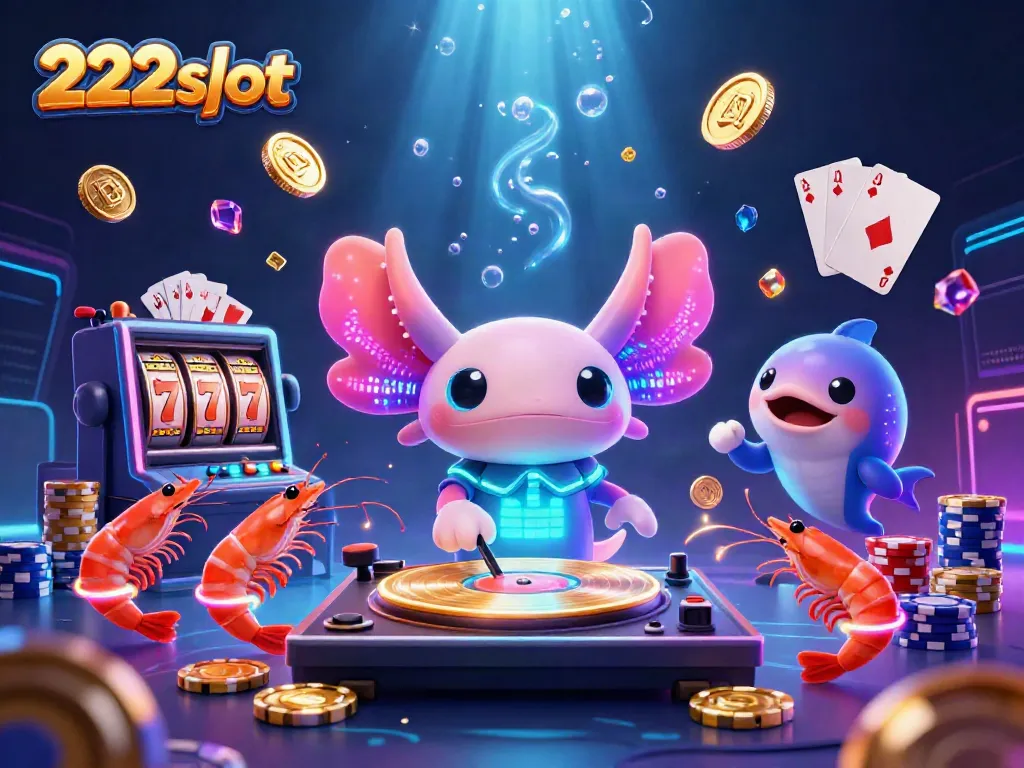 Menangkan permainan di 222slot dengan gembira bersama karakter kartun neon yang bersemangat dan elemen slot yang menari.