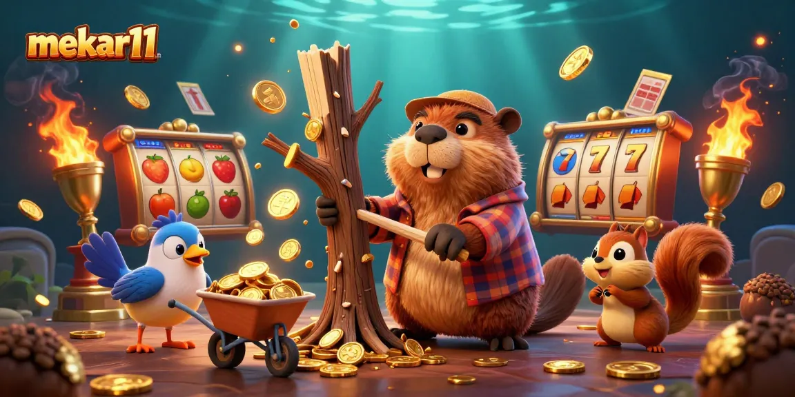 Experience mekar11's thrilling slots with a playful beaver in a vibrant, gold-filled 3D casino.