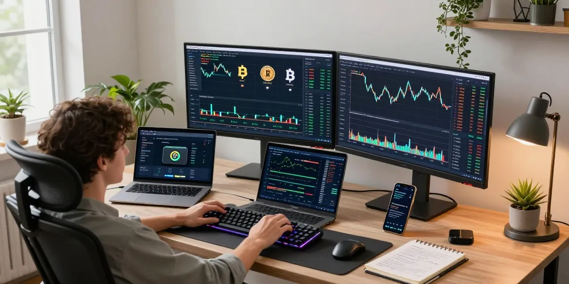 Crypto mining without equipment in a professional trading setup with multiple screens, cryptocurrency wallets, and blockchain charts.