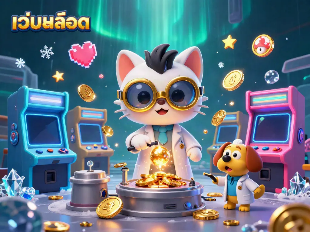 Engage with เว็บสล็อต in an exciting 3D casino scene featuring vibrant game machines, characters, and golden effects.