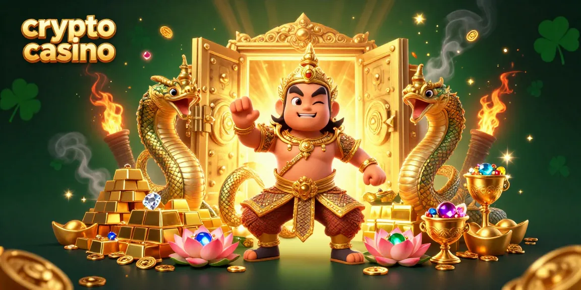 Illustration 3D casino crypto avec un yaksha, des serpents Naga et des trésors éclatants.